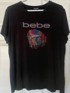 Bebe Black Rhinestone Lips Graphic Tee Y2K Drip Logo Short Sleeve Top 1X